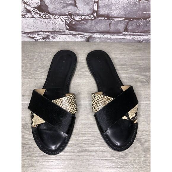 Amanu Black Calf Hair Leather Python Cross Strap Slides Sandals Women 9M US/40EU - Picture 16 of 16
